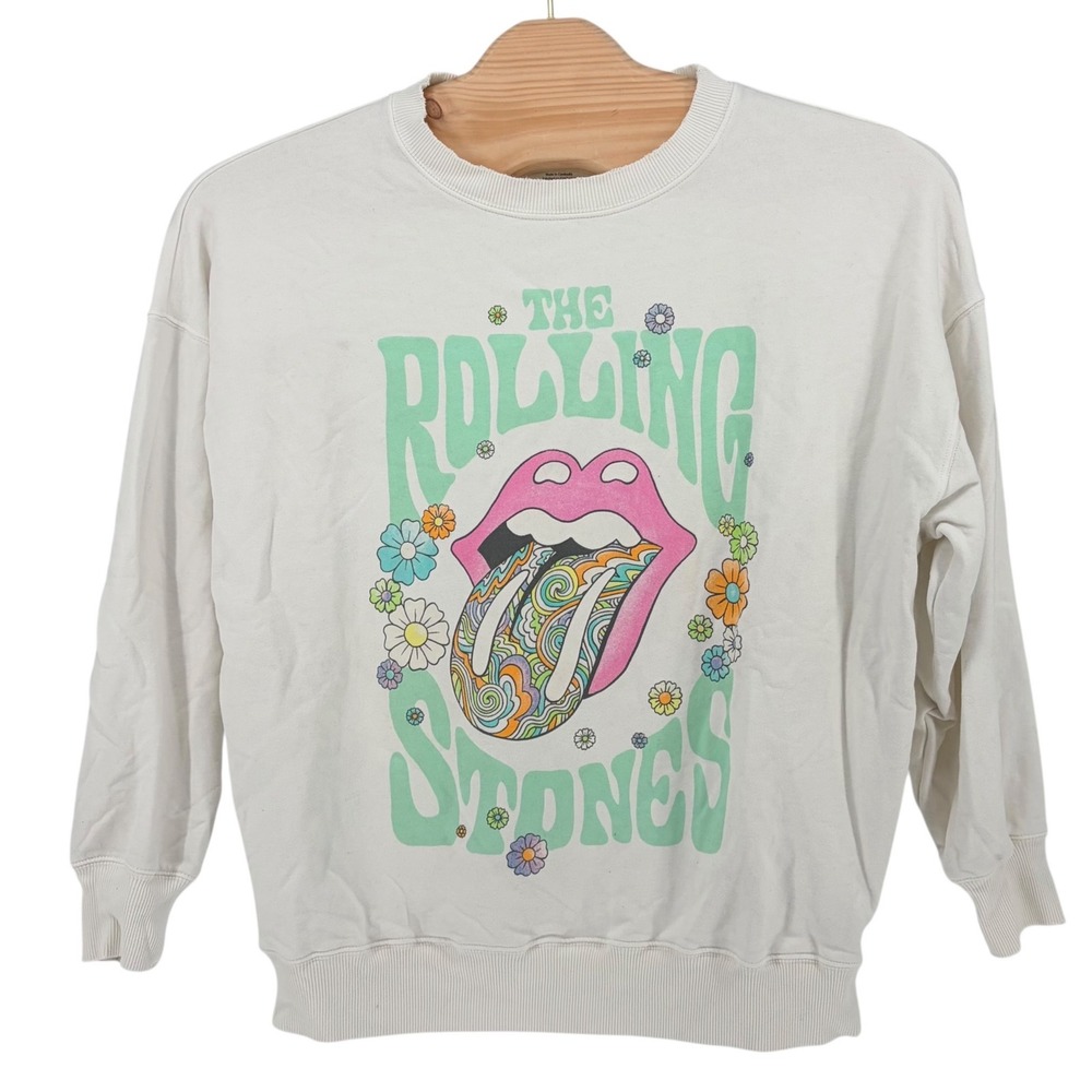 American Eagle Rolling Stones Sweatshirt L White Floral Tongue Graphic Pullover